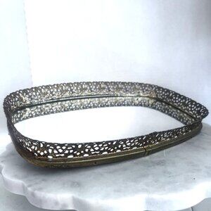 Vtg Oval Mirrored Vanity Tray Gold-tone Ornate Filigree Hollywood Regency 12X8"